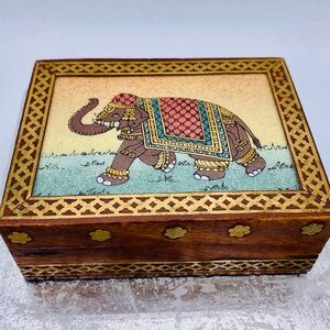Decorative Wooden Hinged Jewelry Box Handcrafted  Painted Elephant & Brass Inlay